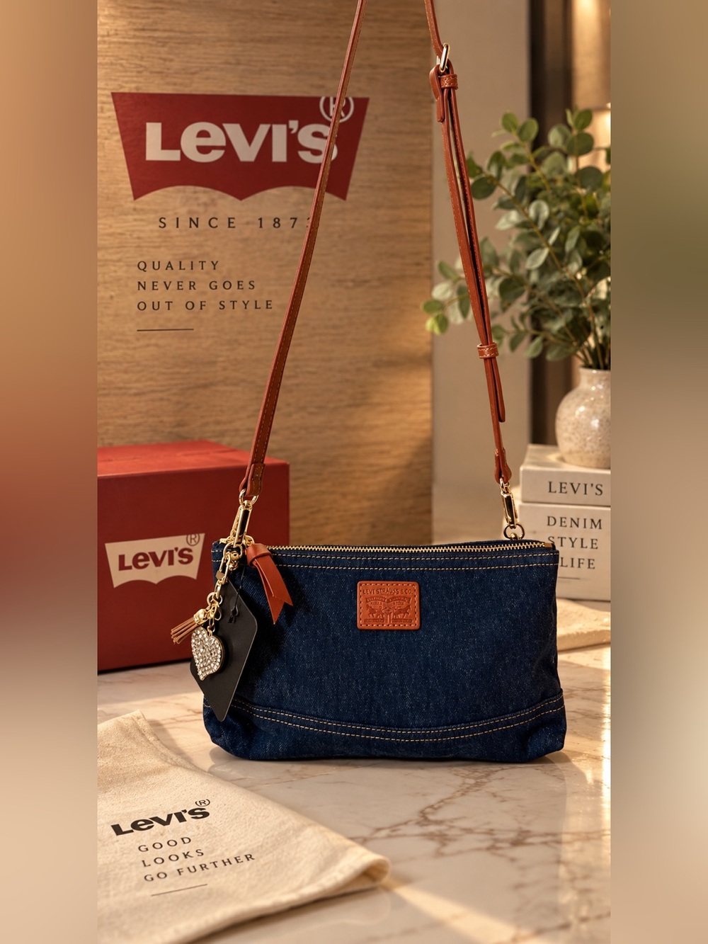 Levi's Navy Denim Crossbody pouch with Brown Leather Trim and gold hardware